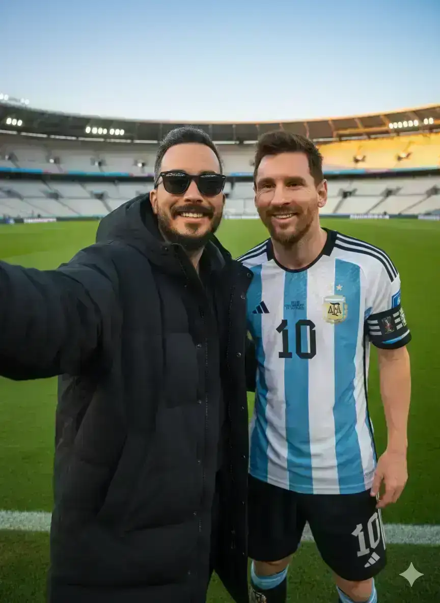 Iconic Selfie: Messi and a Fan at Golden Hour