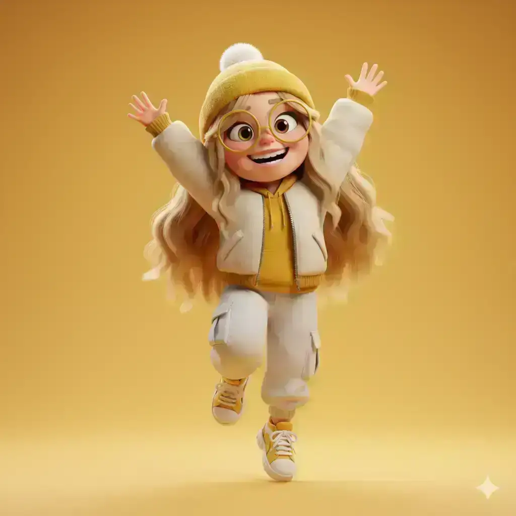 3D cartoon-style character of a cheerful young girl with expressive oversized eyes and soft facial feature