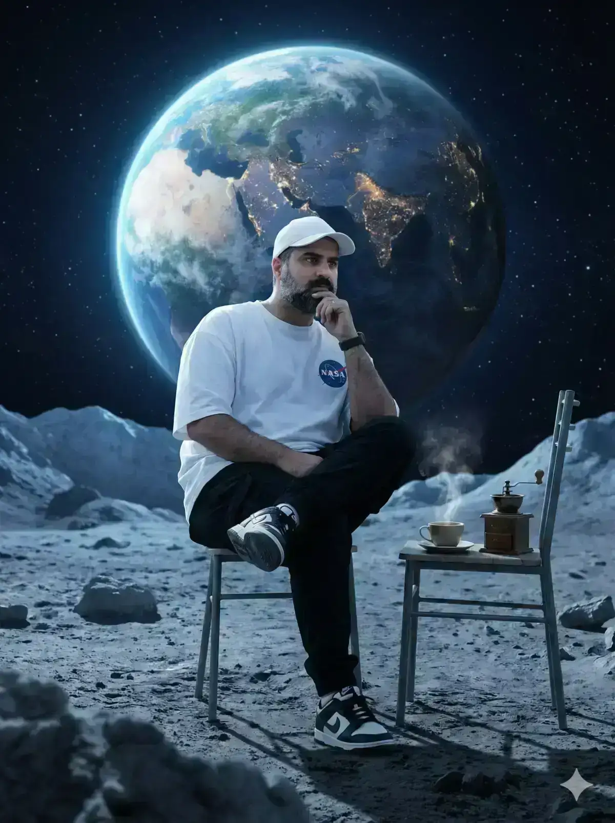 sitting on the surface of the moon, with planet Earth glowing brightly in the starry sky behind him
