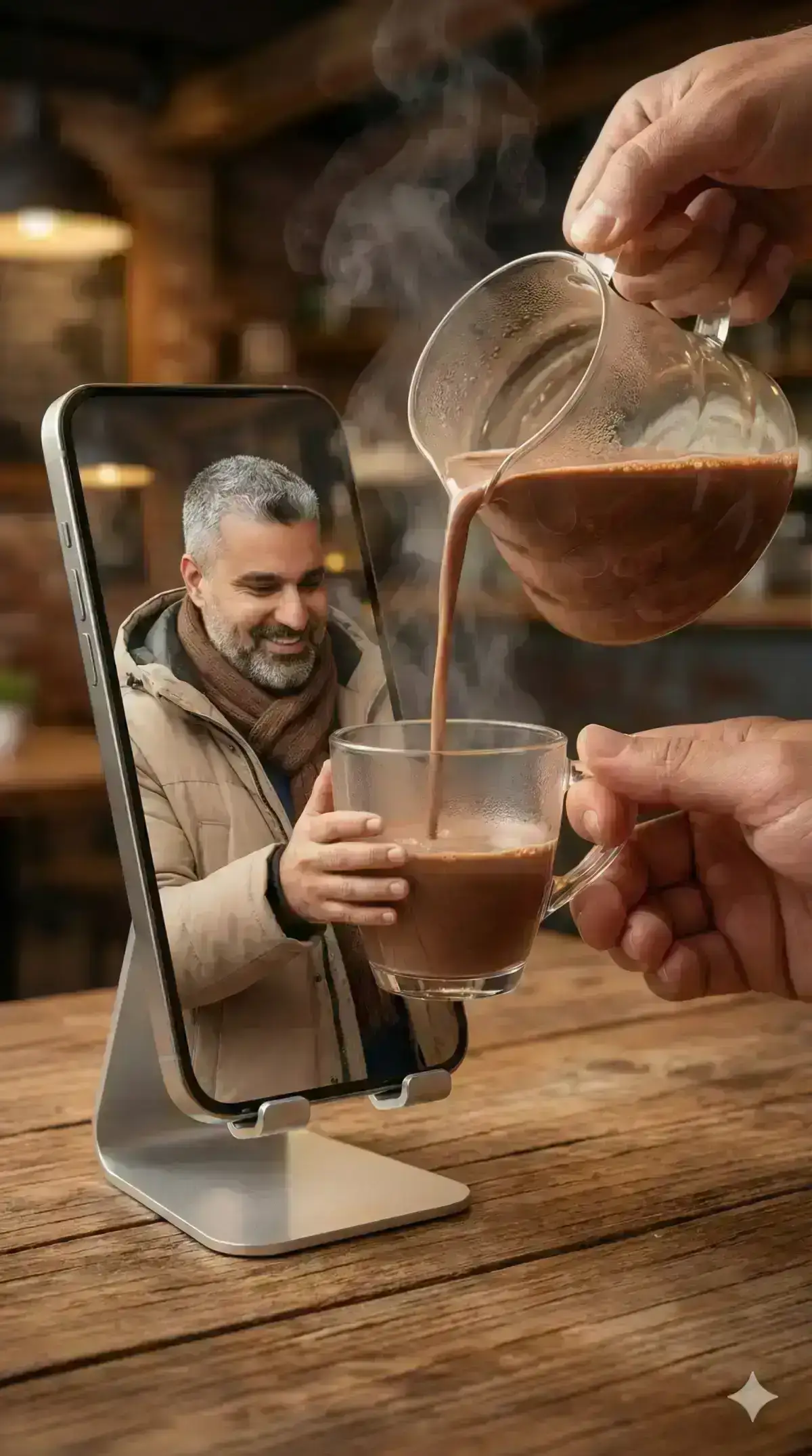 A hyper-realistic mixed-reality scene. A real human hand in the foreground pours hot chocolate from a transparent glass server into a clear glass cup.