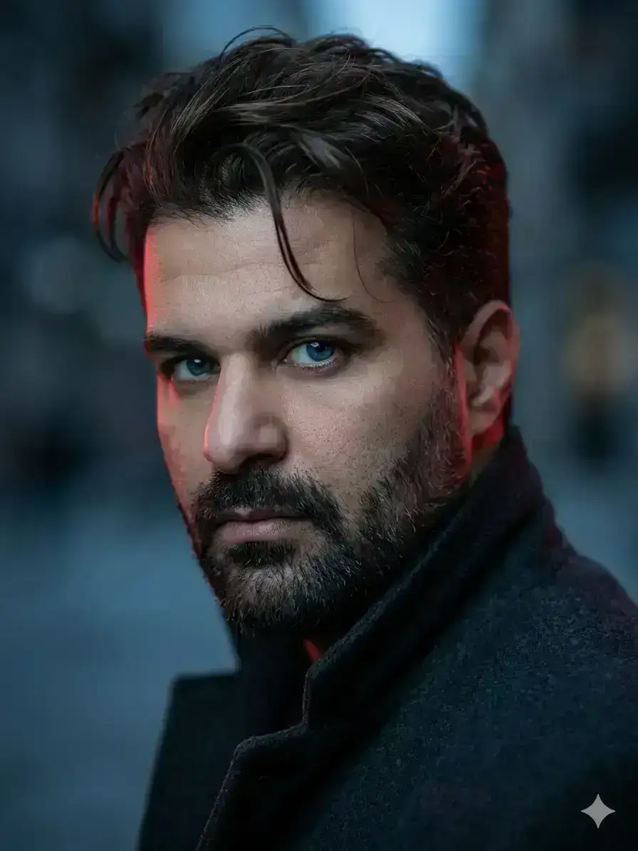 portrait of a handsome young man with sharp blue eyes, tousled dark brown hair swept back with a loose strand falling forward