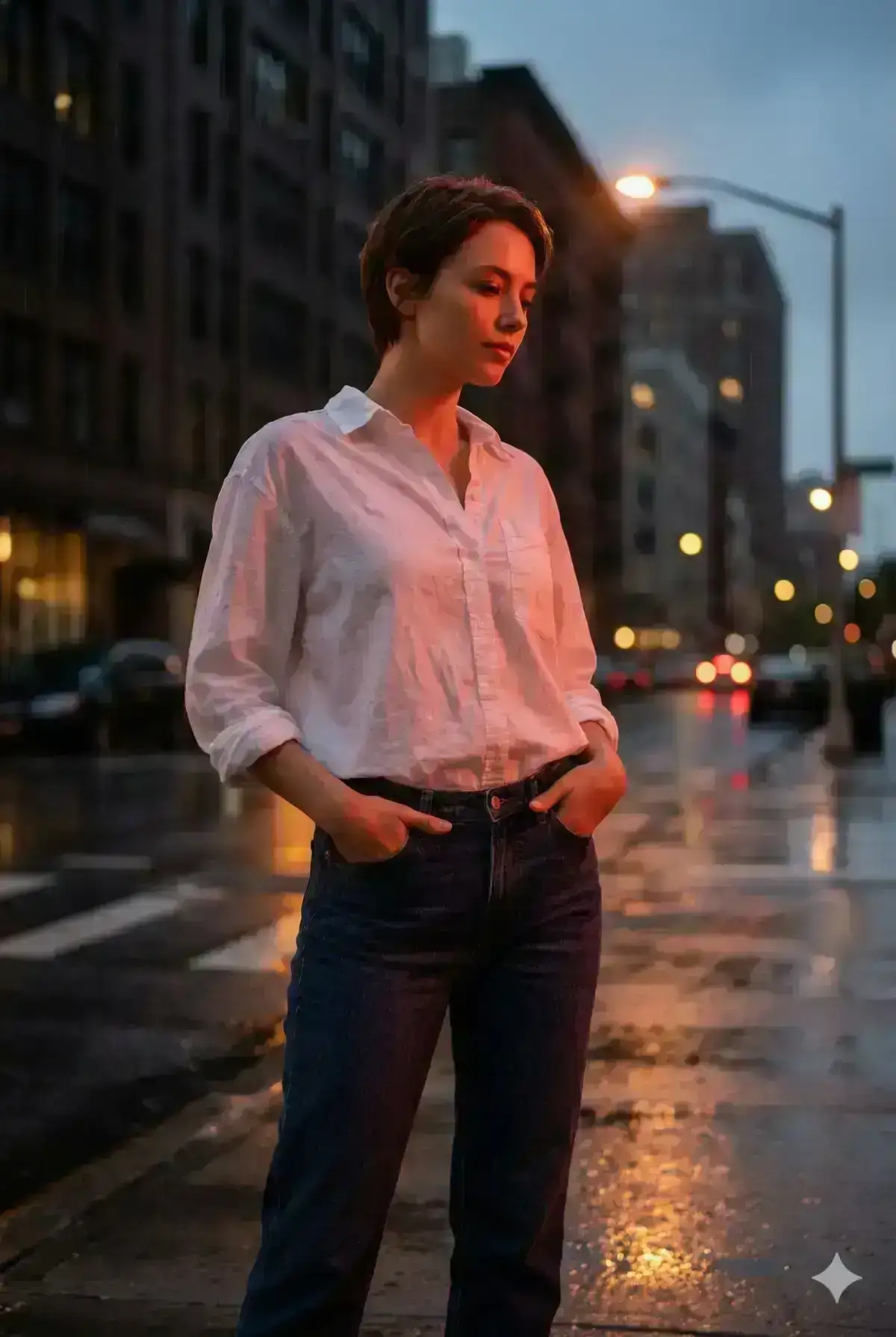 light skinned young adult woman with short brown hair, standing on a rainy city street at dusk