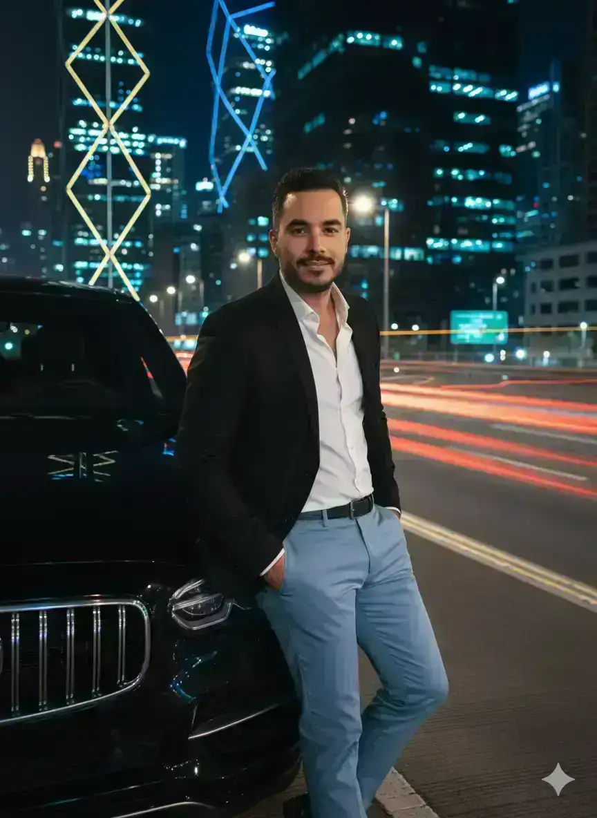 A cinematic night-time urban portrait of a confident, handsome man leaning against a black luxury SUV on a modern city highway. 