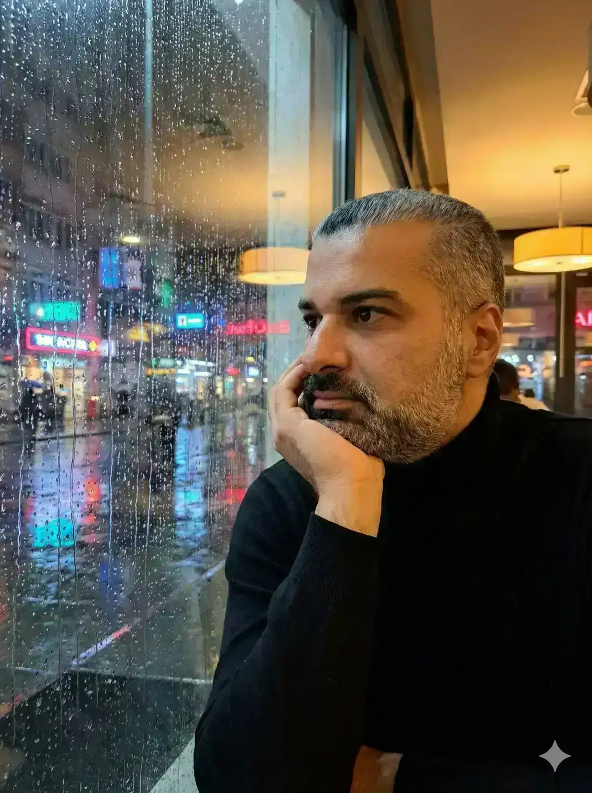 man sitting beside a rainy café window in the evening, soft neon reflections on the glass. 
