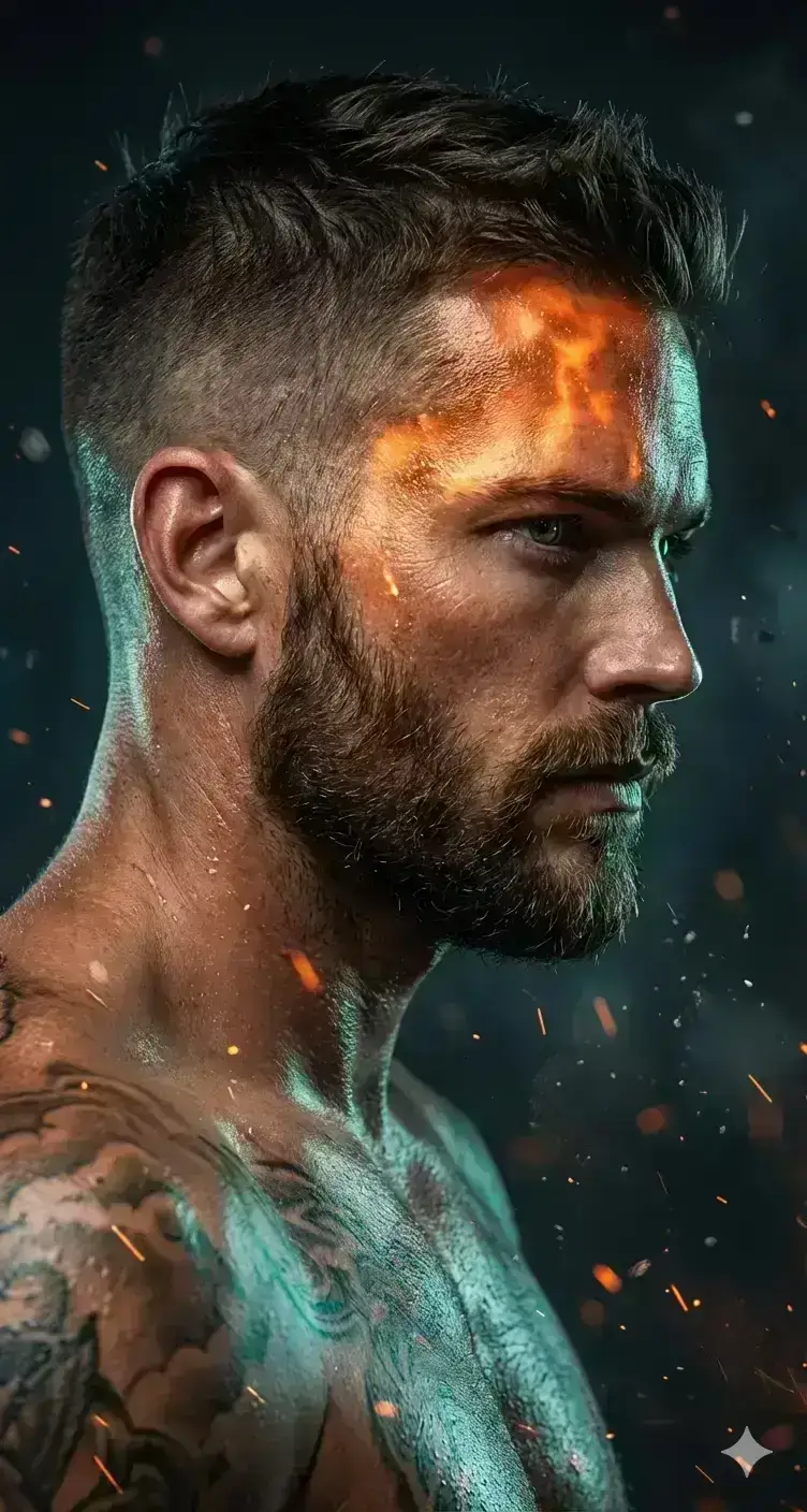 Ultra-cinematic dramatic portrait of a muscular bearded man in side profile, intense and focused expression, short faded haircut with textured top, sharp jawline, thick beard, detailed skin pores and sweat.