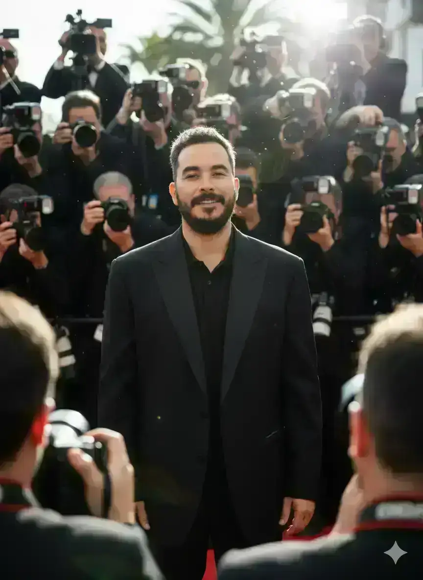 Celebrity amidst paparazzi.