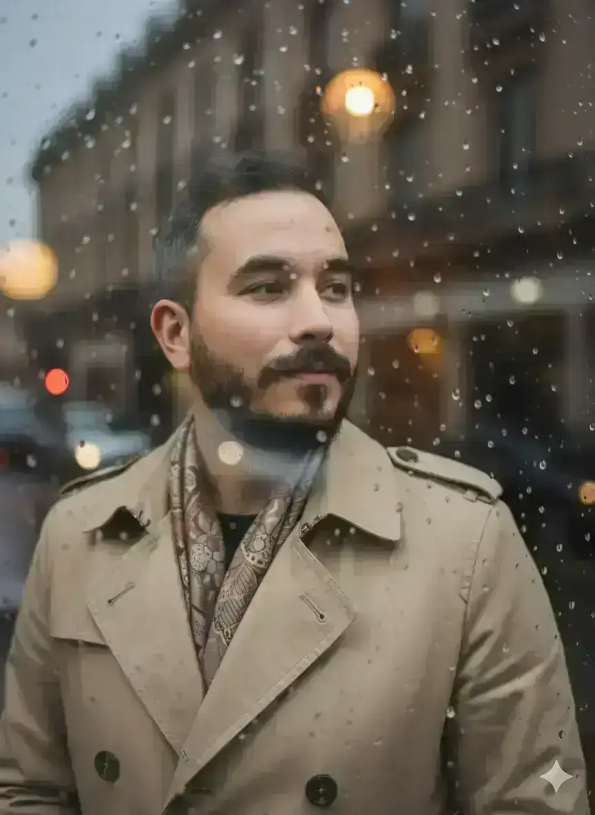 ultra-realistic cinematic portrait conveying quiet reflection and timeless emotion through a rain-soaked café window scene