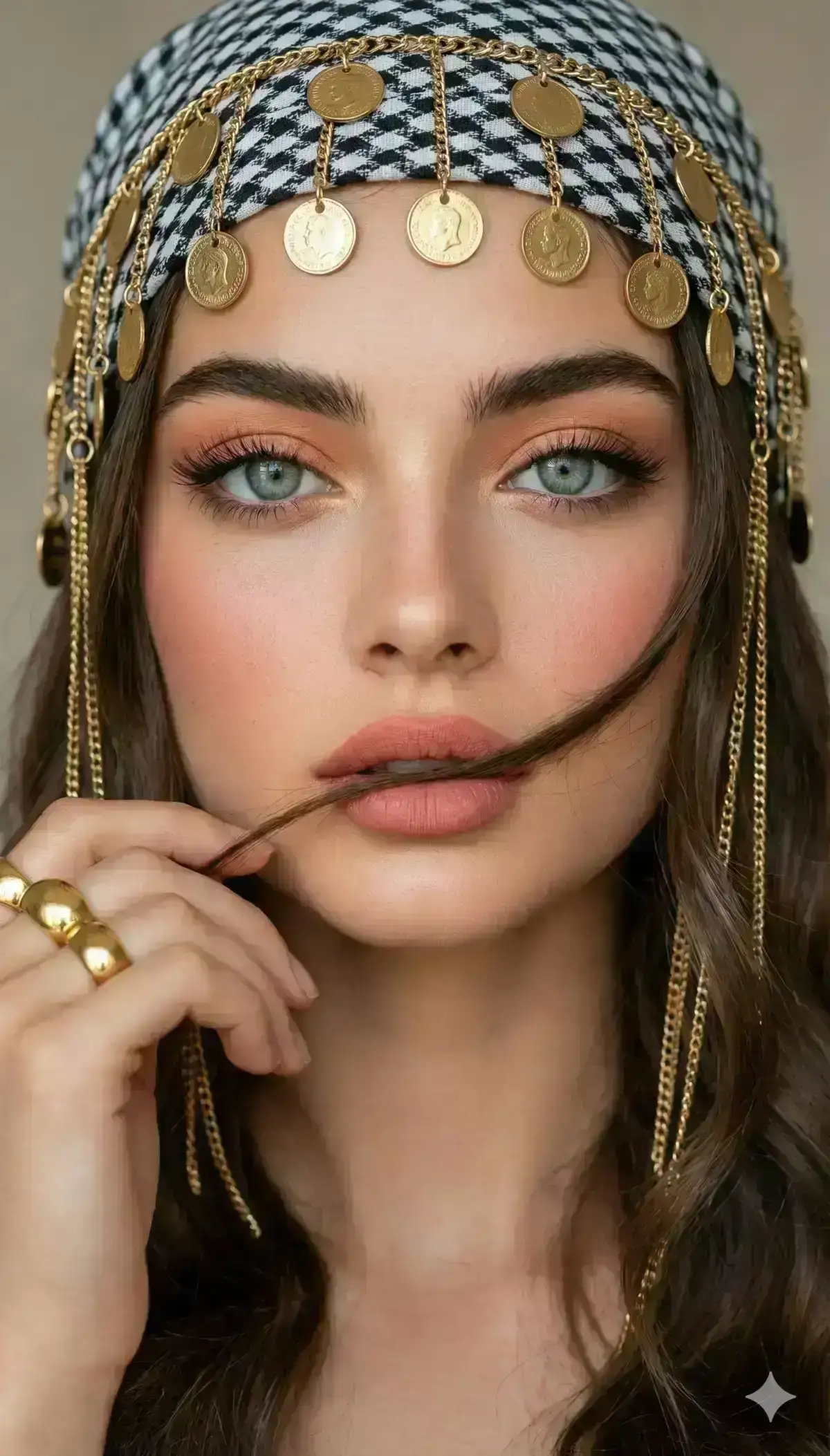 stunning woman in a close-up portrait pose. holdina a strand of her wavy browr hair in fror t of her lips