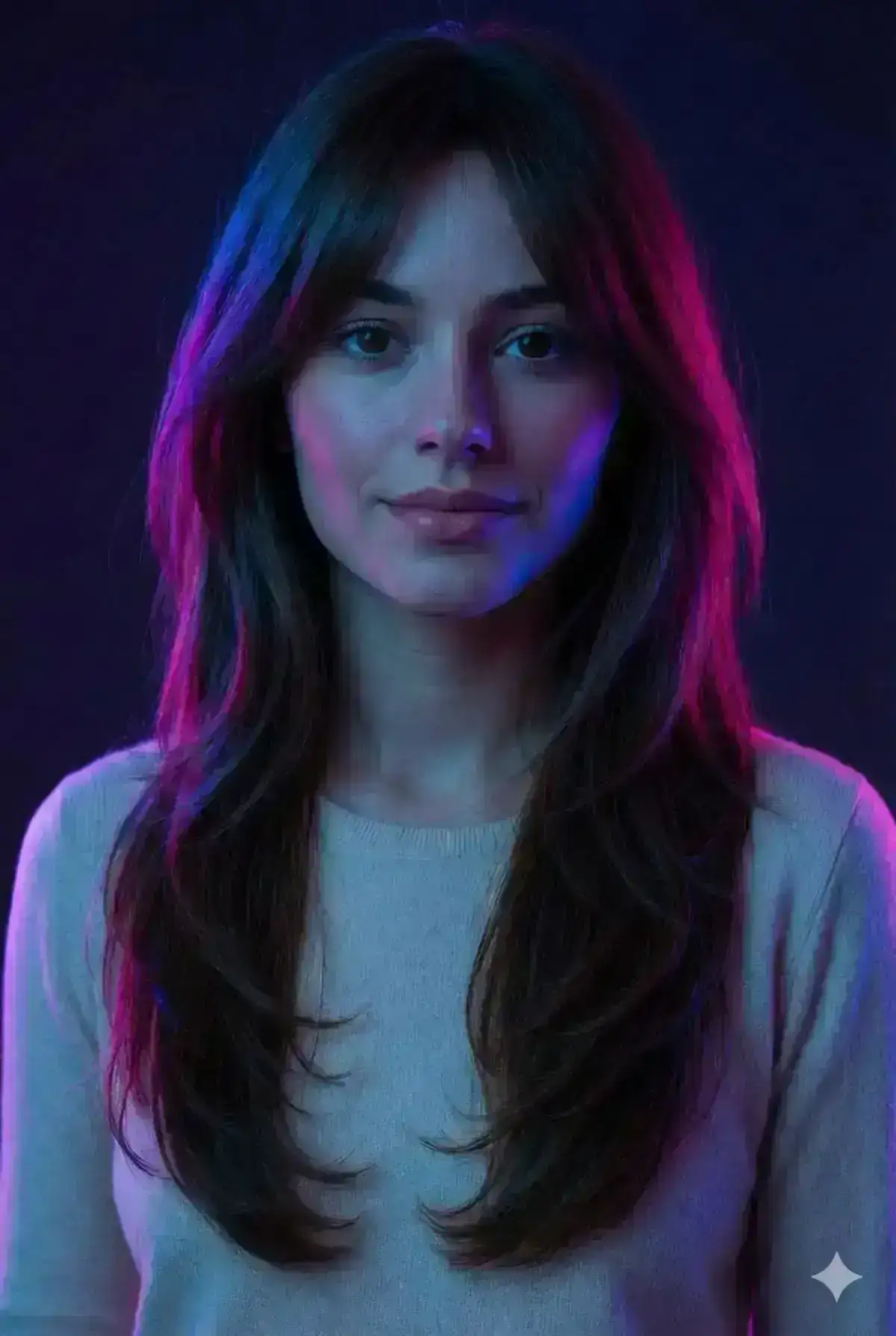 bright neon highlights along the edges of the face and hair, vivid color accents against darker shadows