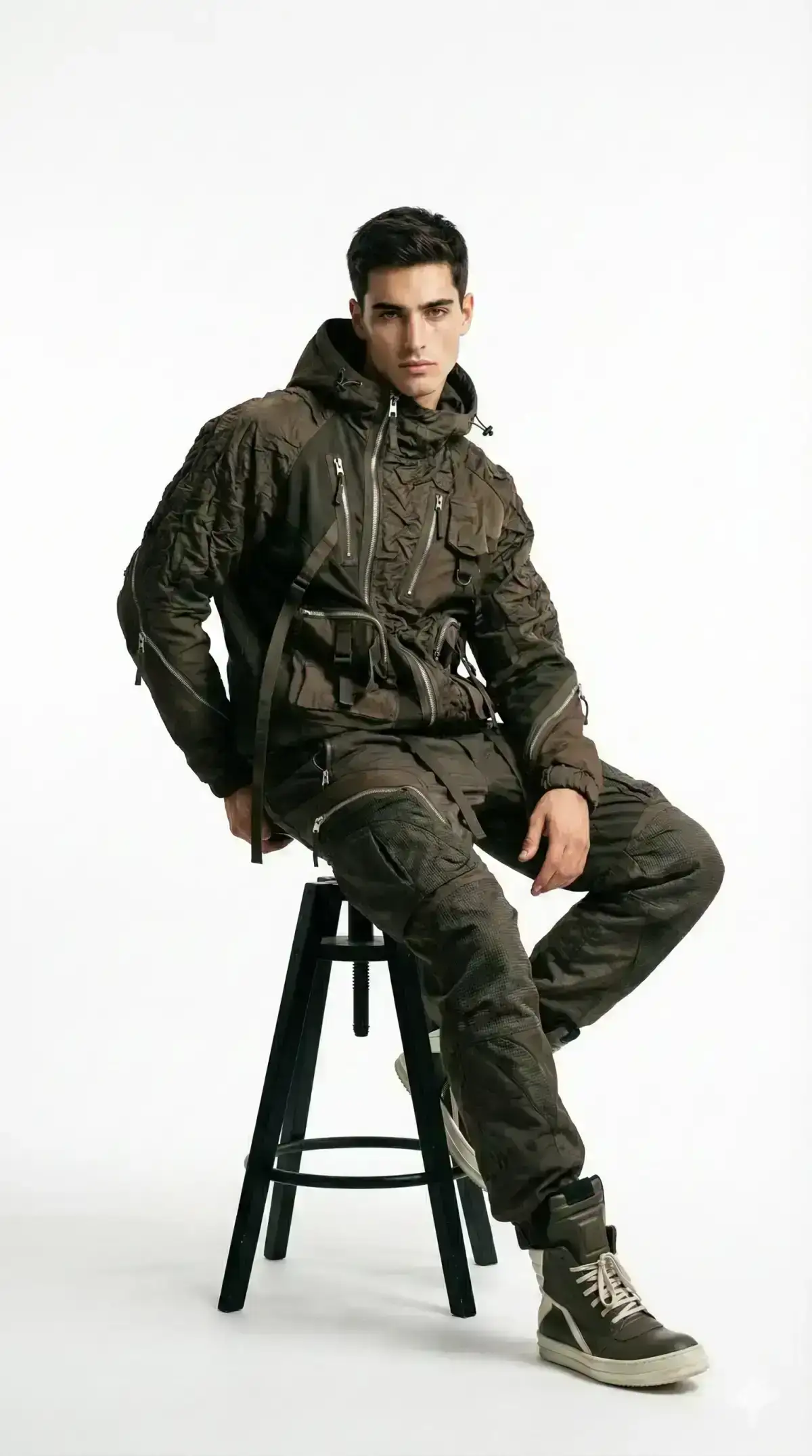 fashion model with editorial charisma, seated dynamically on a minimalist black stool