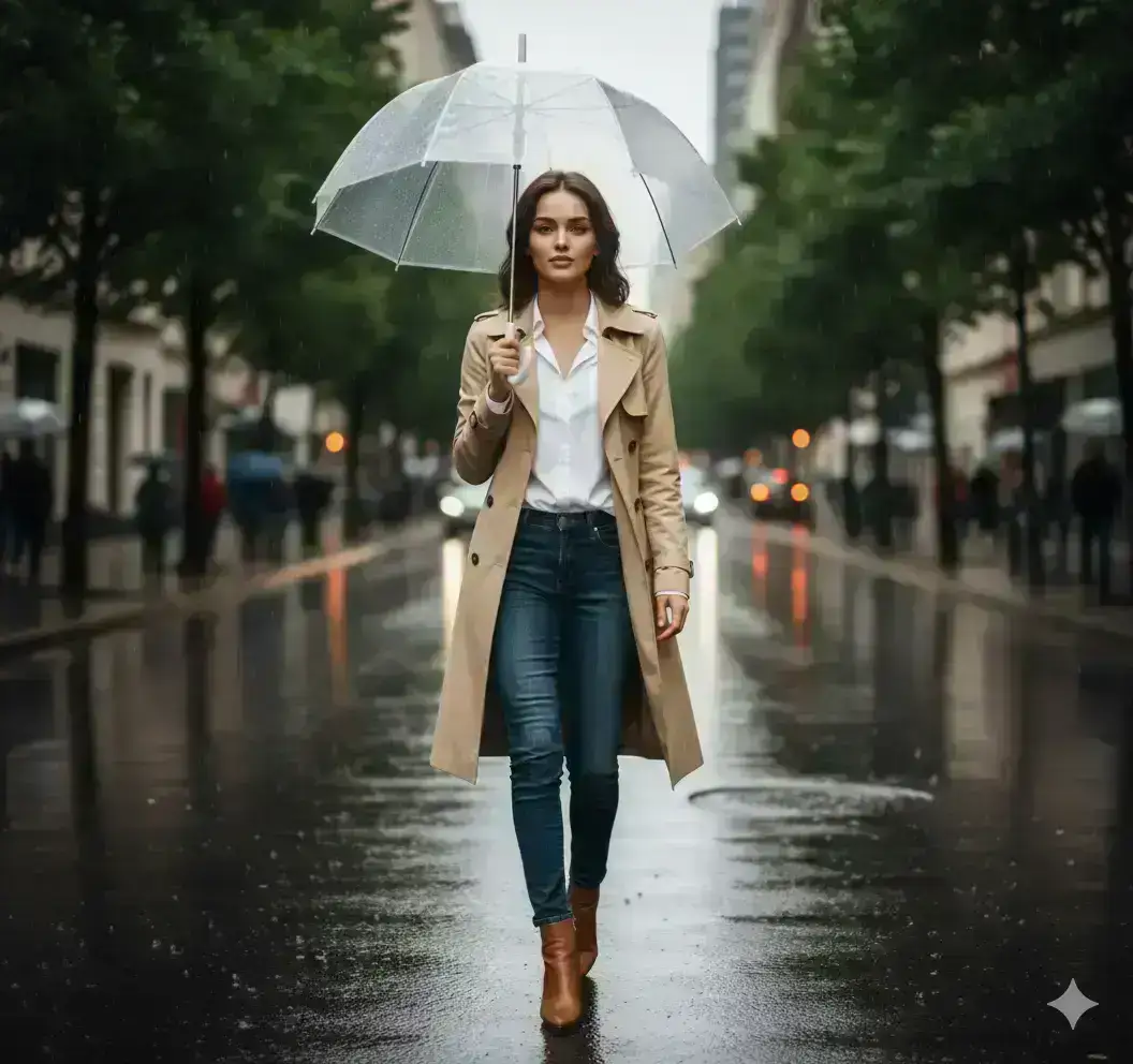 A stylish woman walking alone on a rain-soaked city street