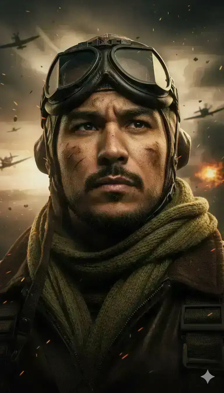 Cinematic War Portrait, man with short dark styled hair
