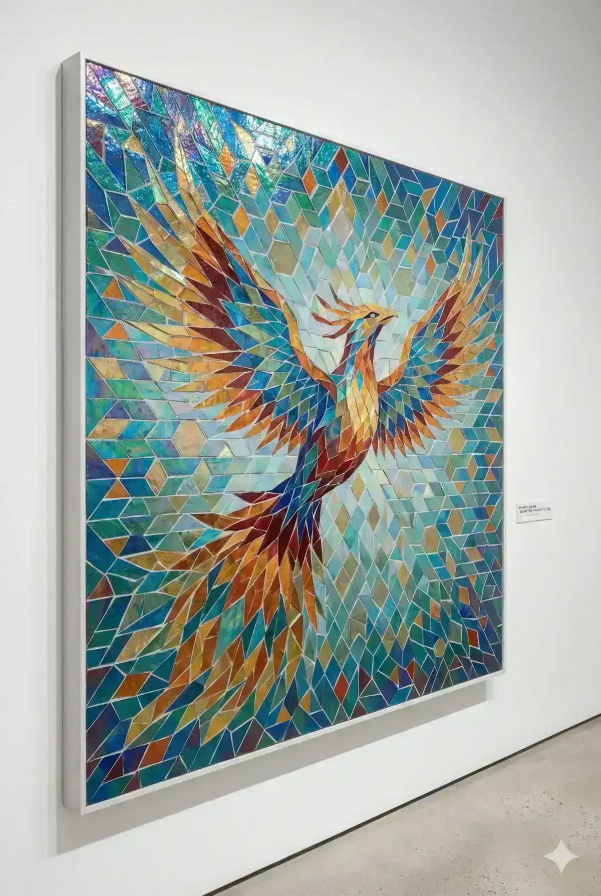 dynamic mosaic composition featuring a phoenix built from an array of delicate
