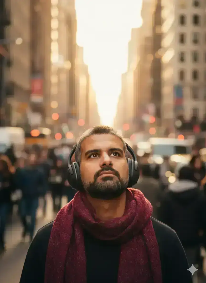 portrait of a young man standing still in the middle of a busy city crowd, wearing large over-ear headphones and a scarf, looking upward thoughtfully