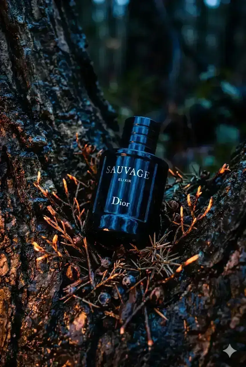 product photograph of a dark blue glass bottle for "SAUVAGE ELIXIR Dior"