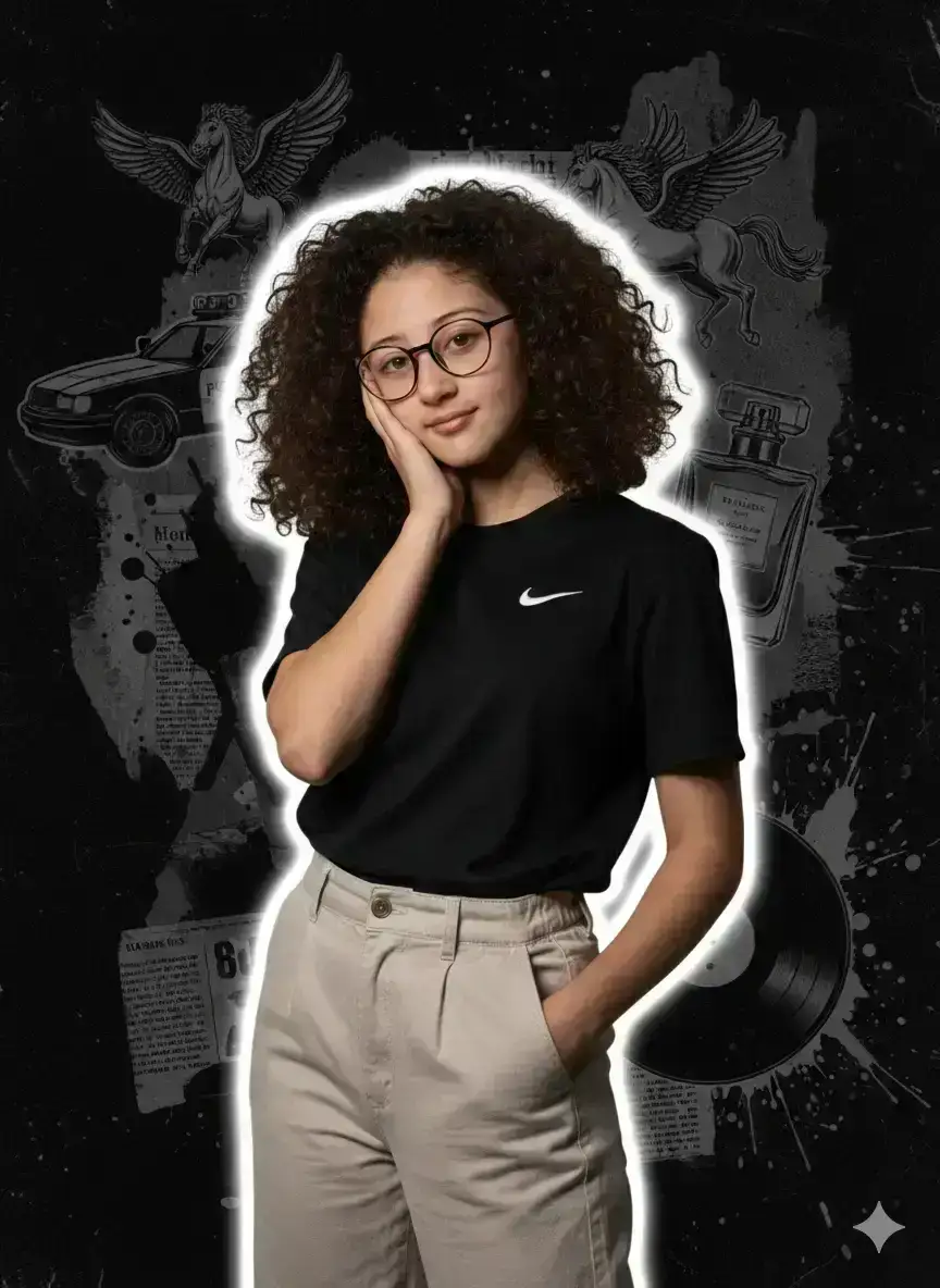 She has voluminous curly brown hair and is standing against an artistic black-and-gray collage background
