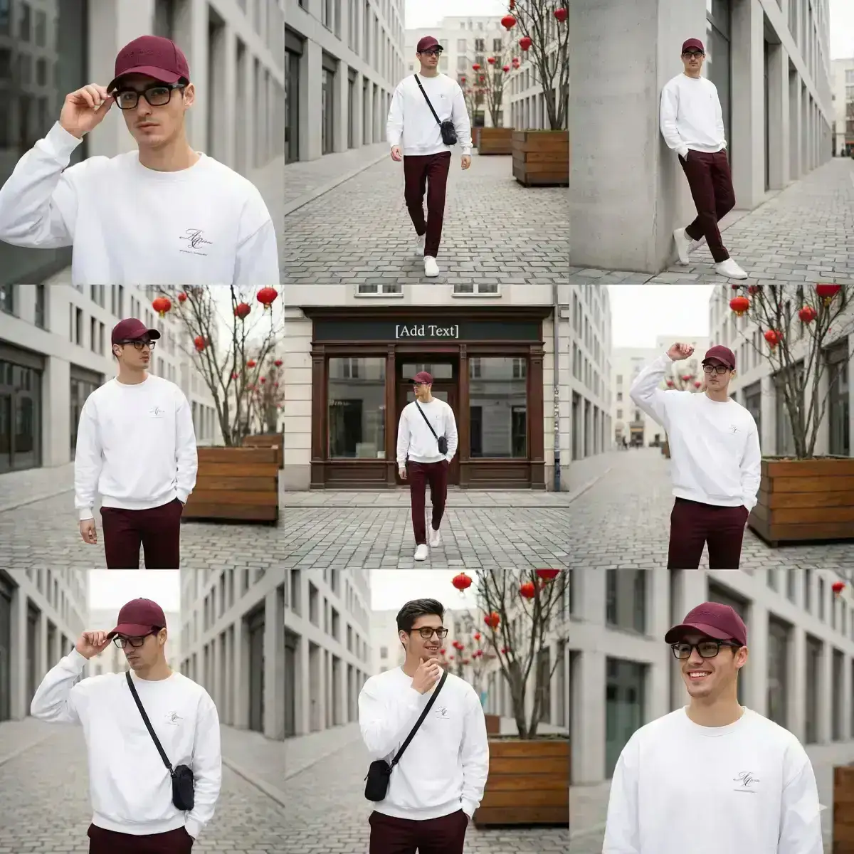 stylish urban fashion photoshoot presented as a 3x3 collage