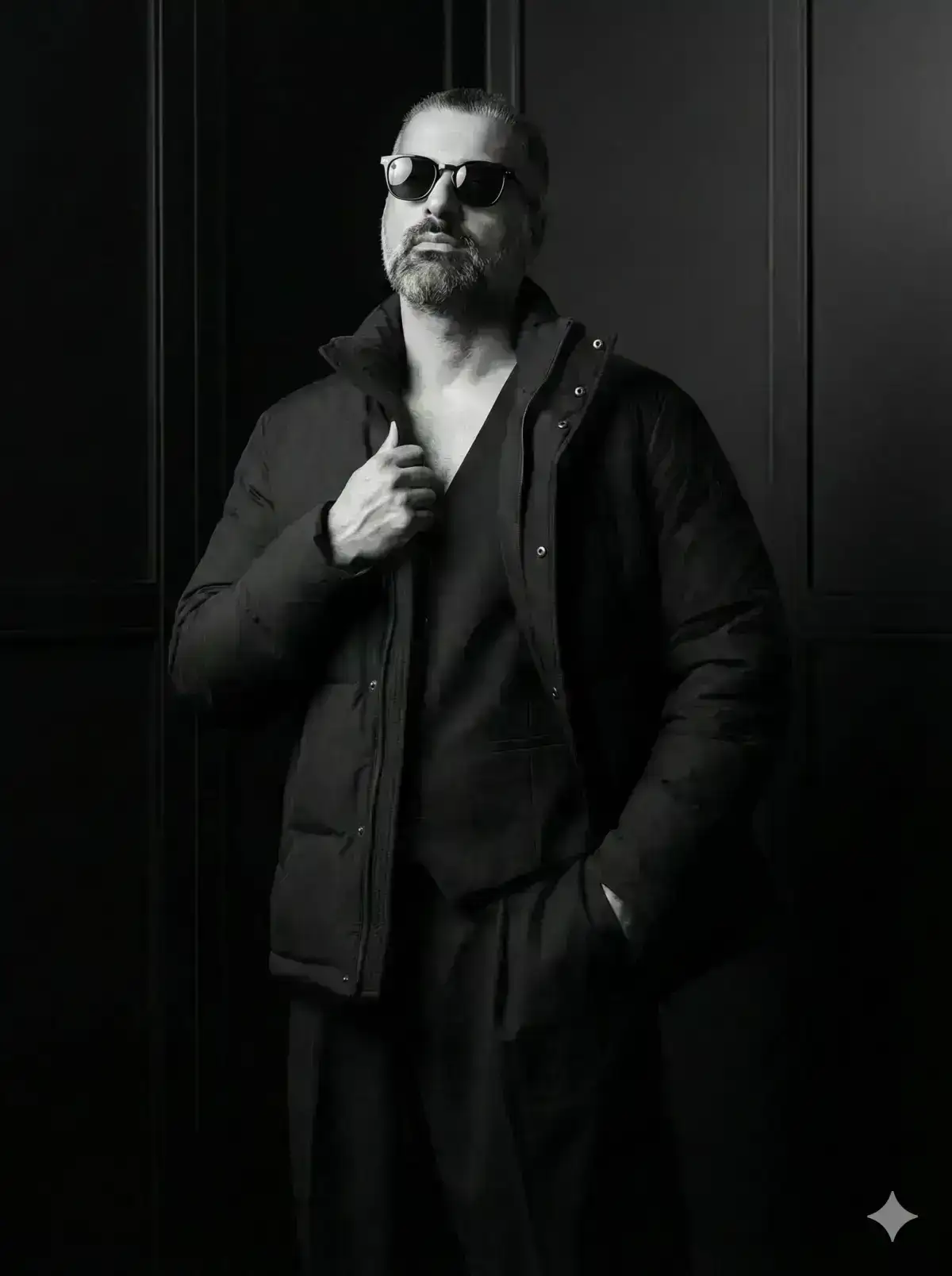 confident young man stands centered with a slight angled pose, one hand in loose black trousers, the other gripping the collar of an open matte black padded jacket