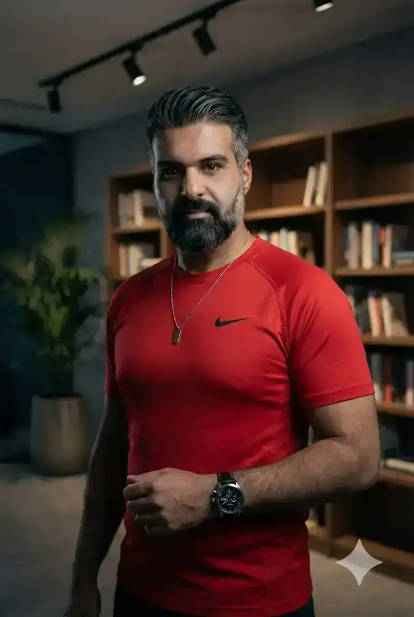 handsome man with styled dark hair and a groomed beard. He is wearing a fitted red athletic t-shirt