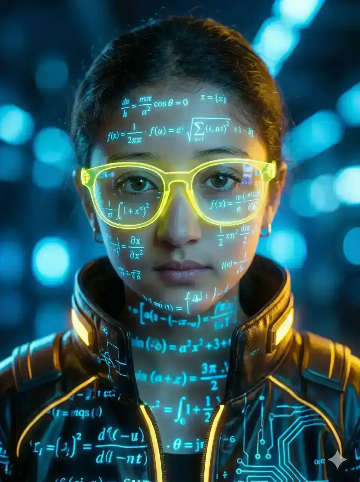 cyber-aesthetic portrait of a young woman wearing glowing neon-yellow glasses, with luminous mathematical equations projected across her face and jacket. Soft bokeh blue