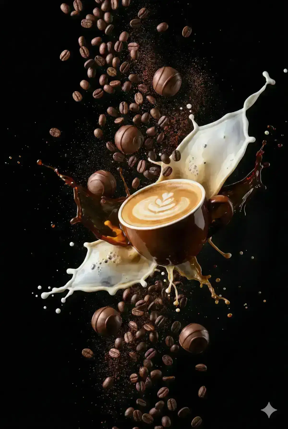 floating chocolate bonbons, mid-air coffee cup with swirling
