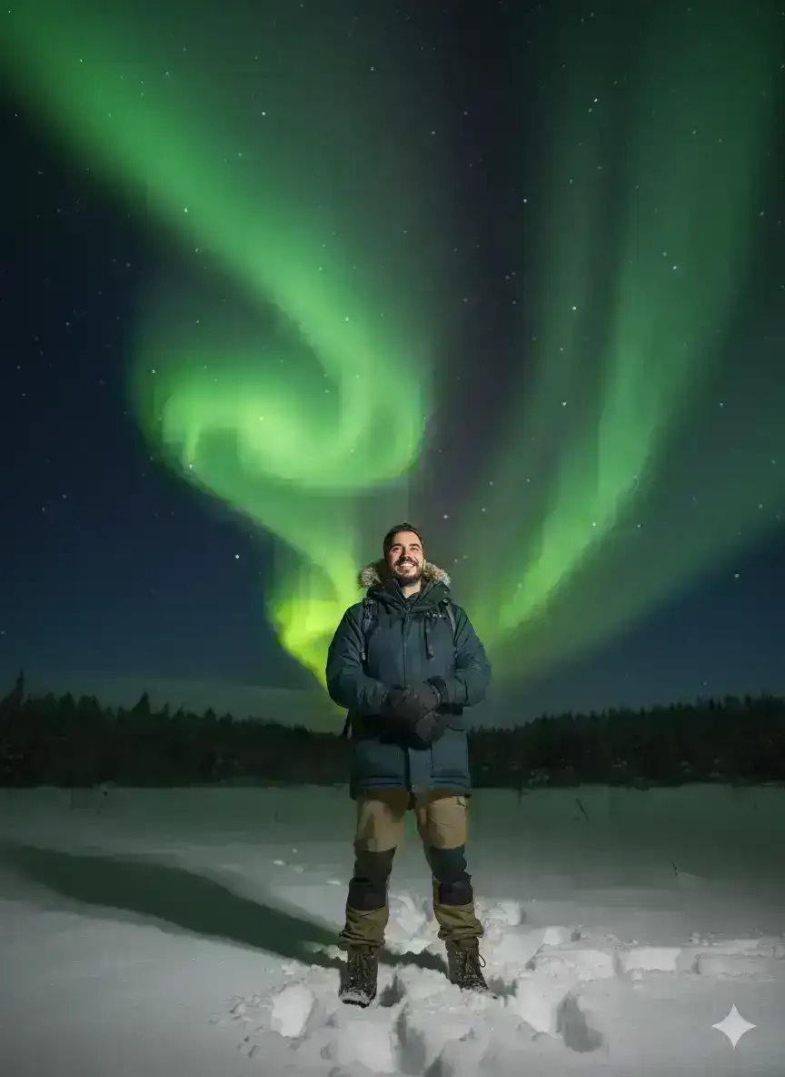 standing on snowy ground under bright green