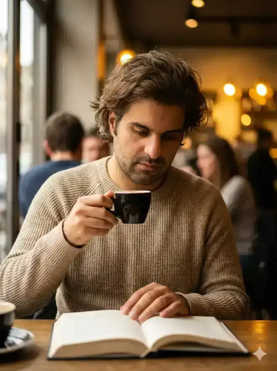 young man with medium-length tousled brown hair and light stubble, wearing a beige knitted sweater