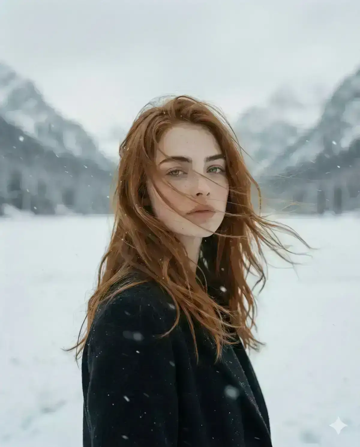 A poetic cinematic portrait of a young woman standing alone in a vast snowy landscape, surrounded by distant frost-covered mountains. Her long auburn hair is caught mid-motion by strong winter 