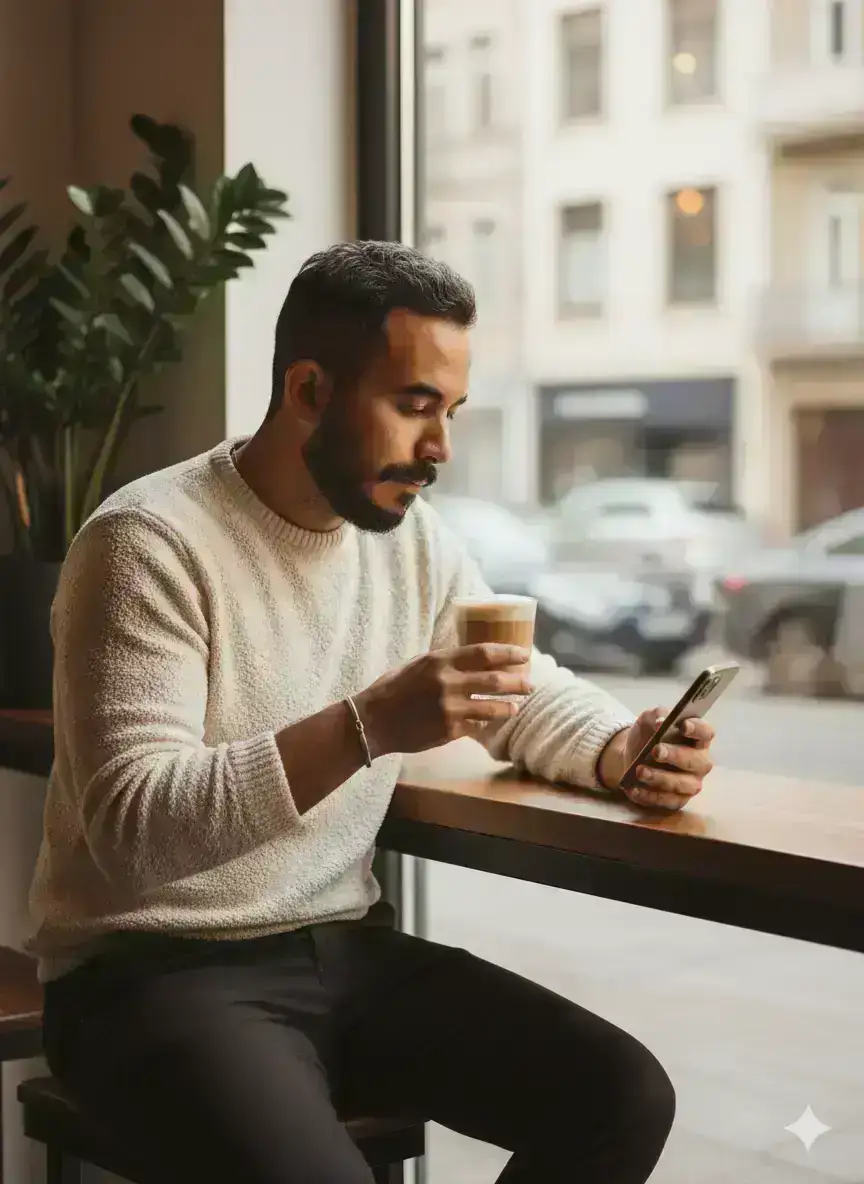 Man in a cafe absorbed in his phone