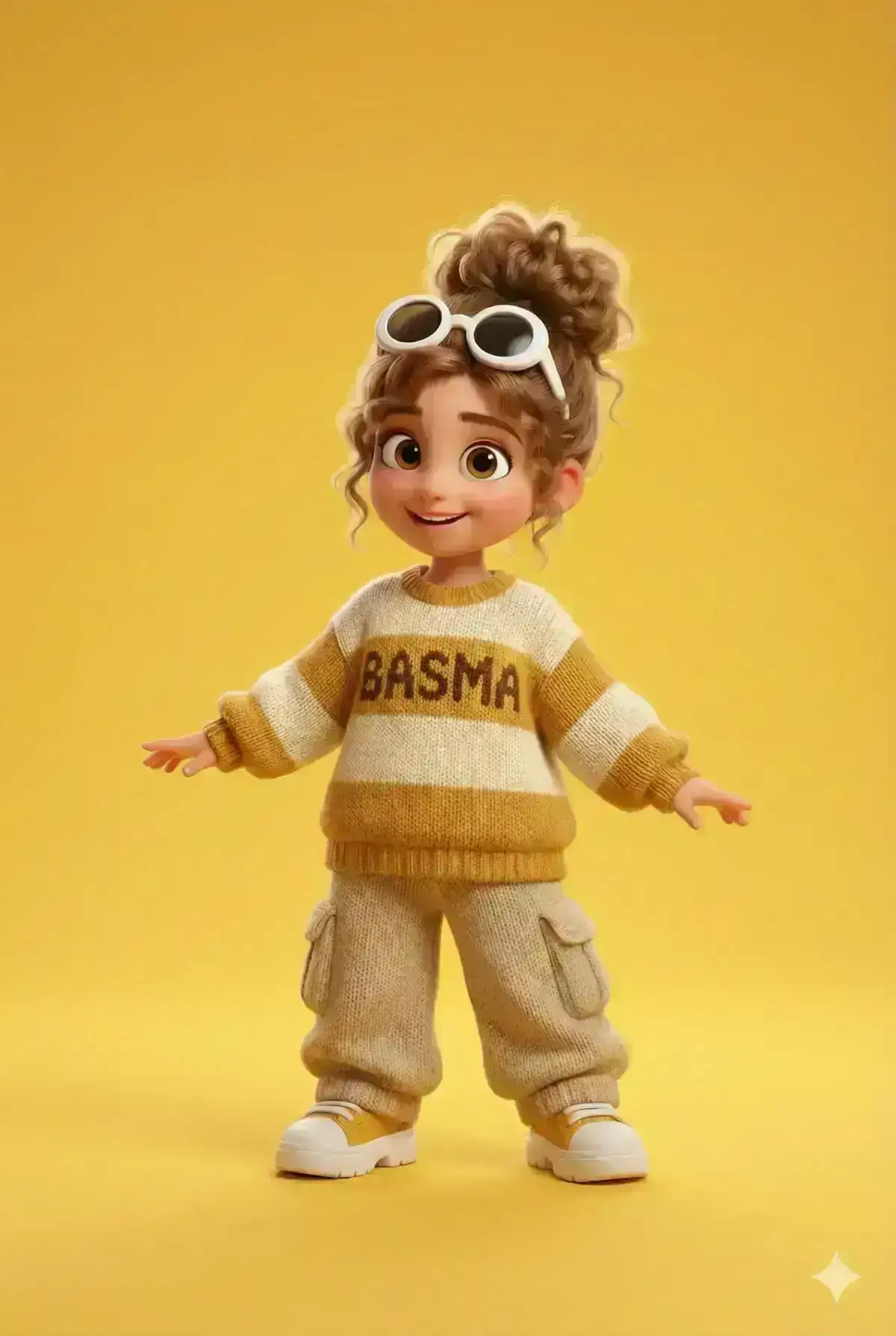 3D cartoon girl character in a Pixar/Disney-style render, standing confidently against a solid bright yellow background. 