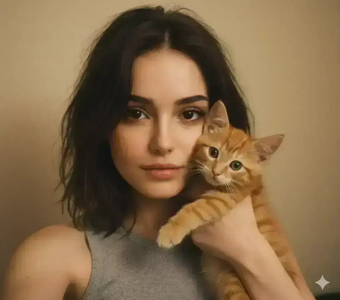 A young woman take a selfie, looking at cat