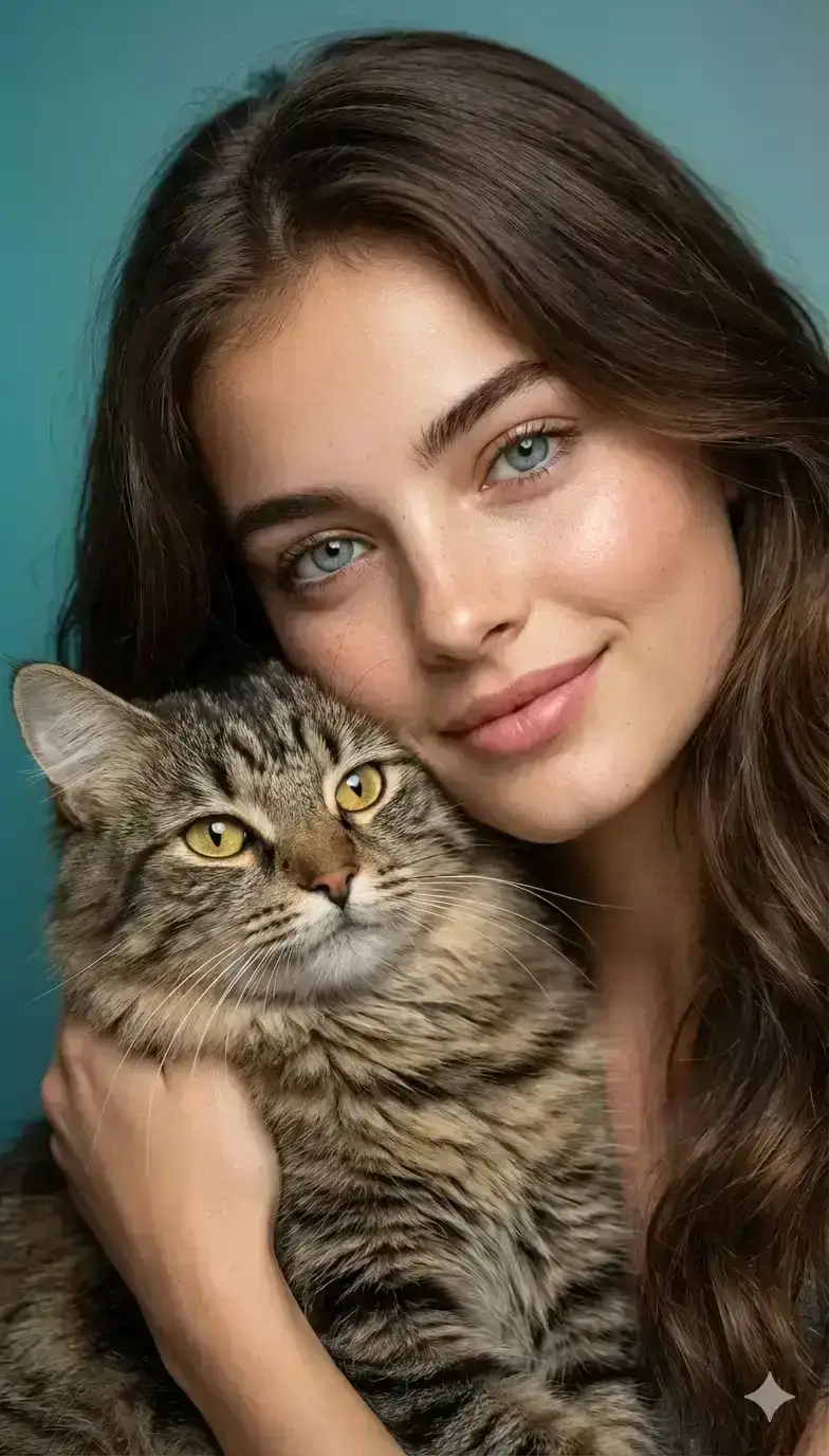 studio portrait of a beautiful young woman gently hugging a tabby cat close to her face. 