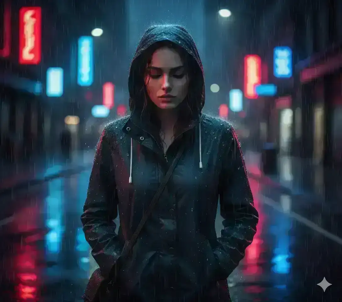 A woman walking through a rainy street at night, neon signs