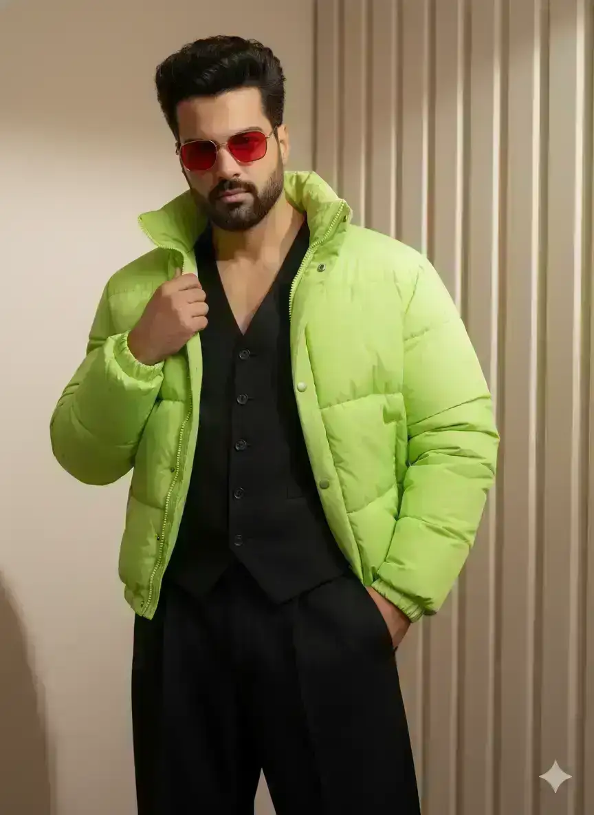Stylish young man in bold attitude pose: centered, body slightly angled, one hand in trouser pocket
