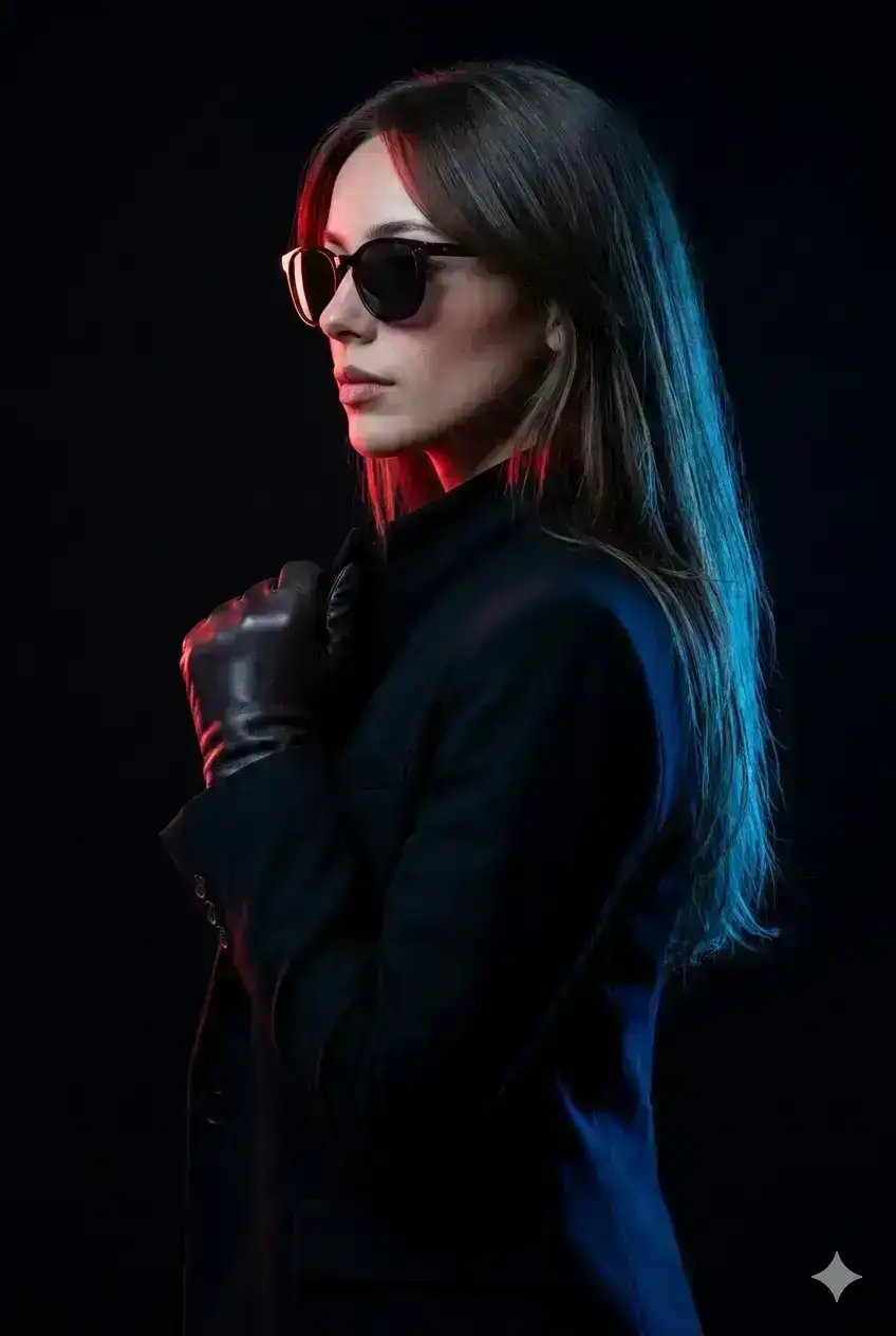 cinematic portrait of a stylish person in a cool side-profile pose, looking back over their shoulder.