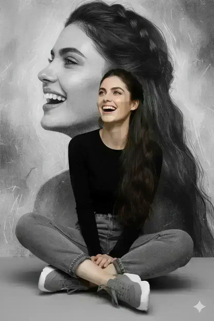 hyperrealistic art portrait, keeping the face intact. The woman sits elegantly on the floor, wearing a modern black top,