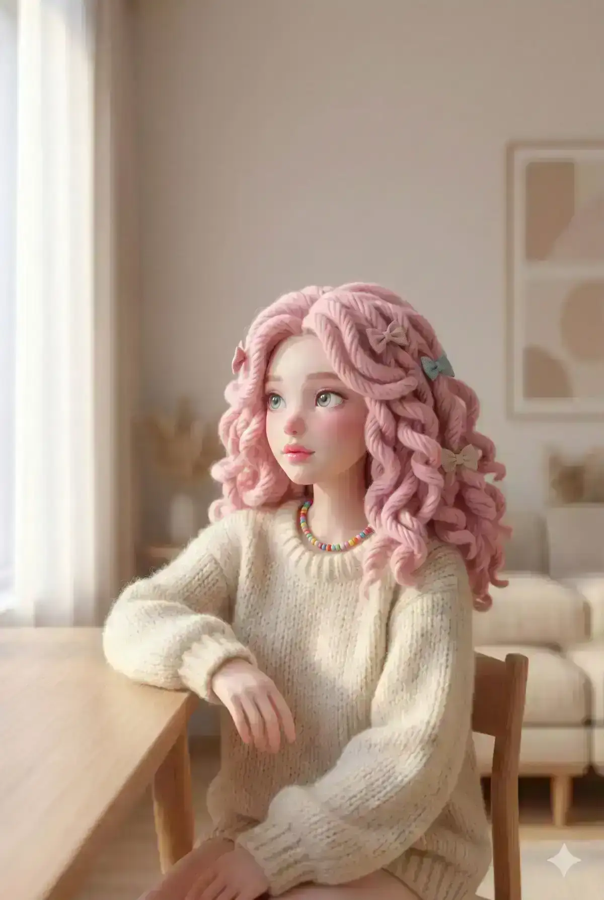 3D stylized portrait of a modern young girl with soft porcelain skin and dreamy features, voluminous curly pastel-pink hair made of yarn-like texture