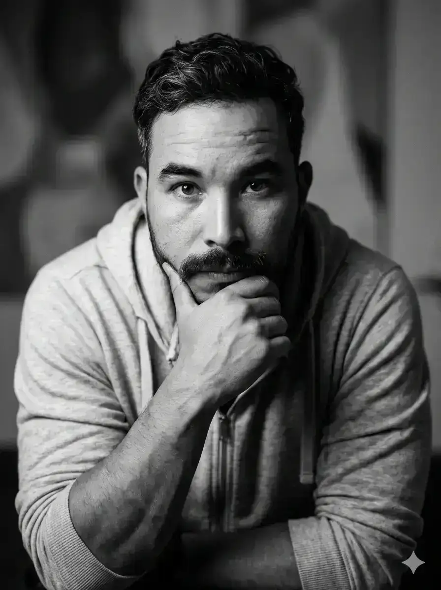 cinematic black and white portrait of a handsome young man with short
