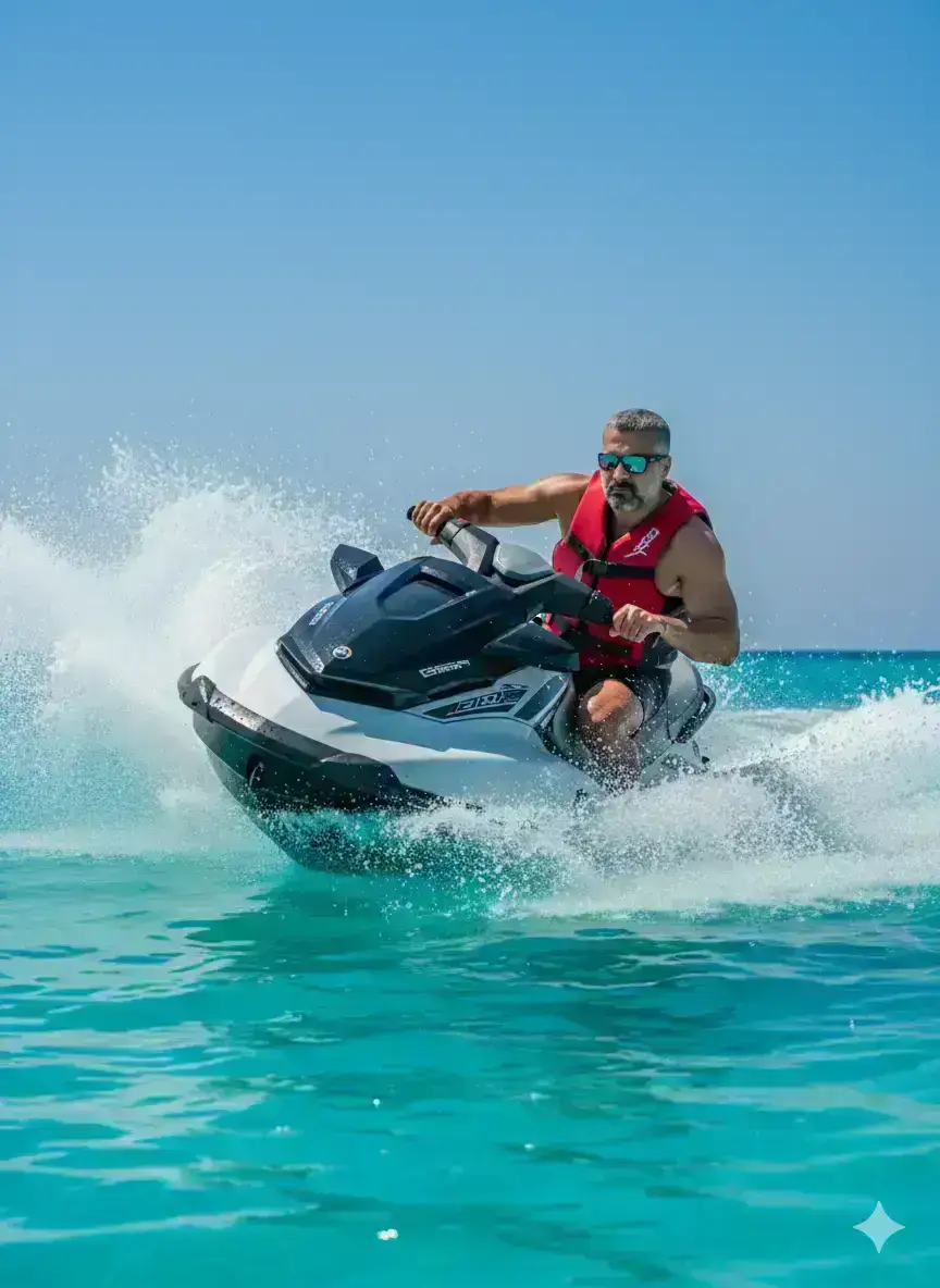 man speeding across bright turquoise sea on a jet ski