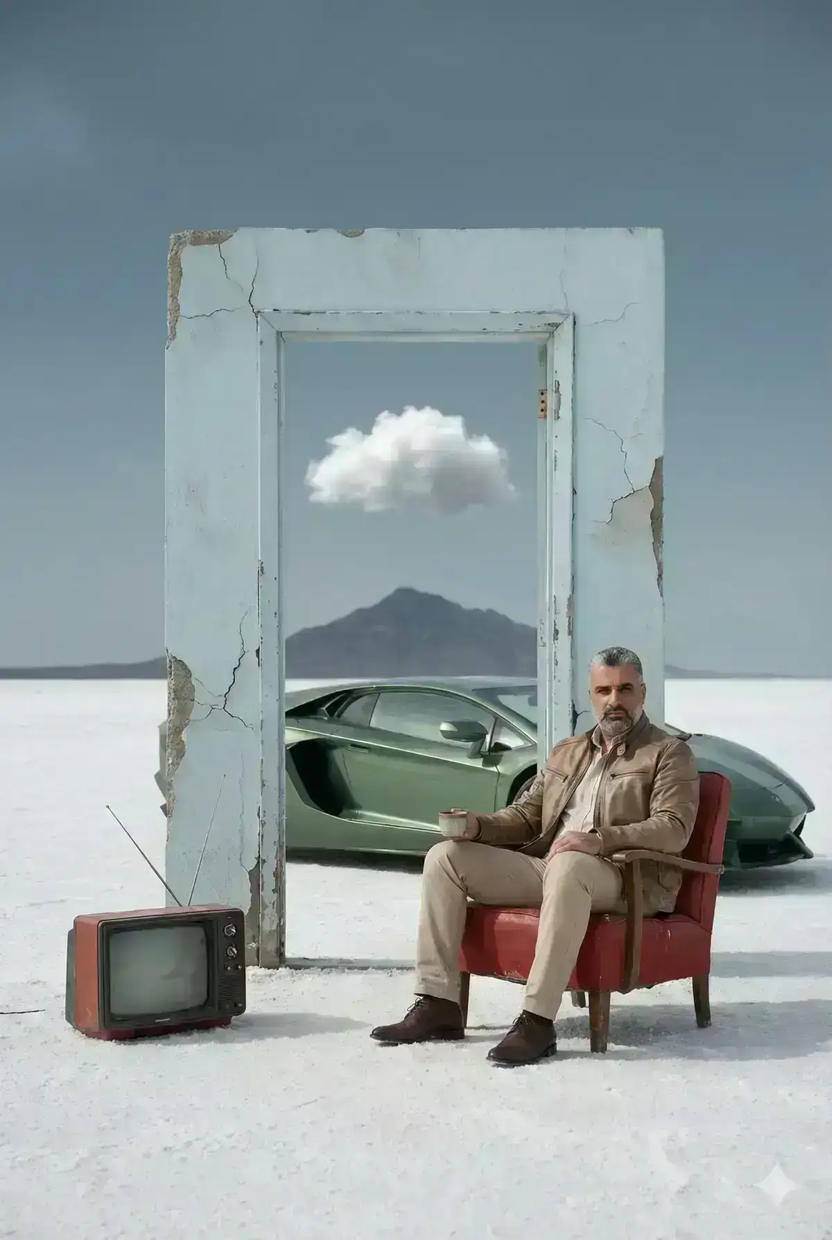 cinematic fine-art photograph. A calm, handsome man sits on a worn red vintage armchair