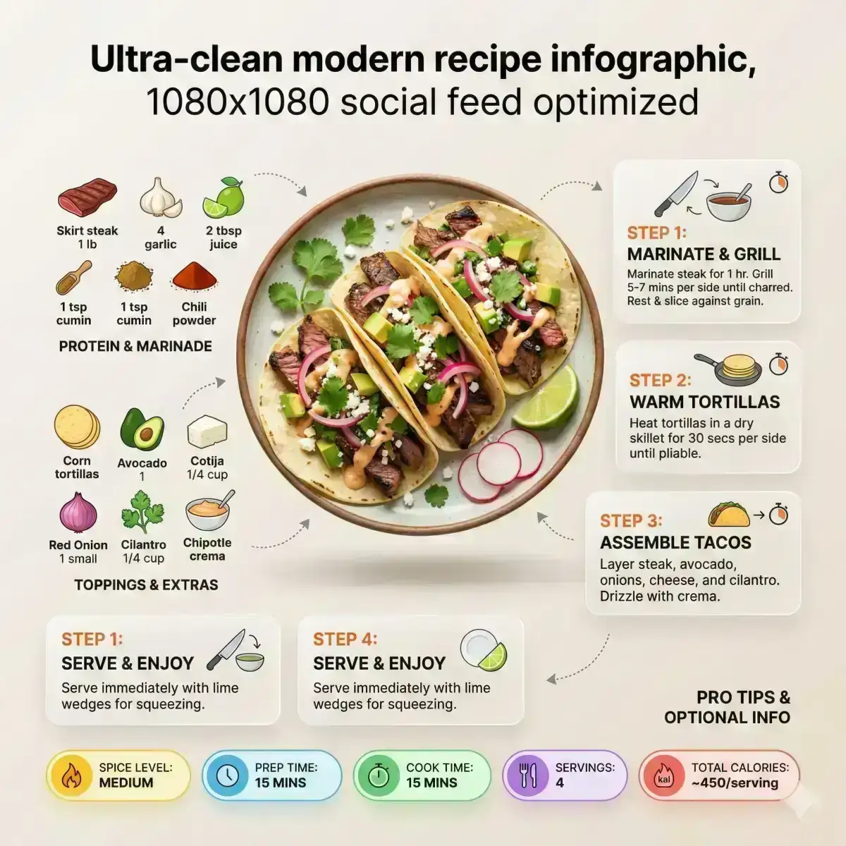 Ultra-clean modern recipe infographic. Showcase FOOD in a visually appealing finished form sliced, plated