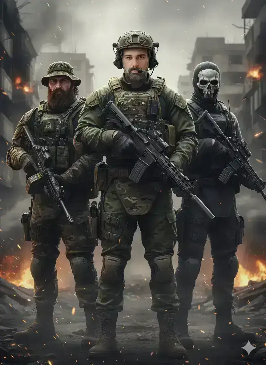 portrait of a modern military squad lineup. In the middle stands, wearing tactical combat gear with a vest