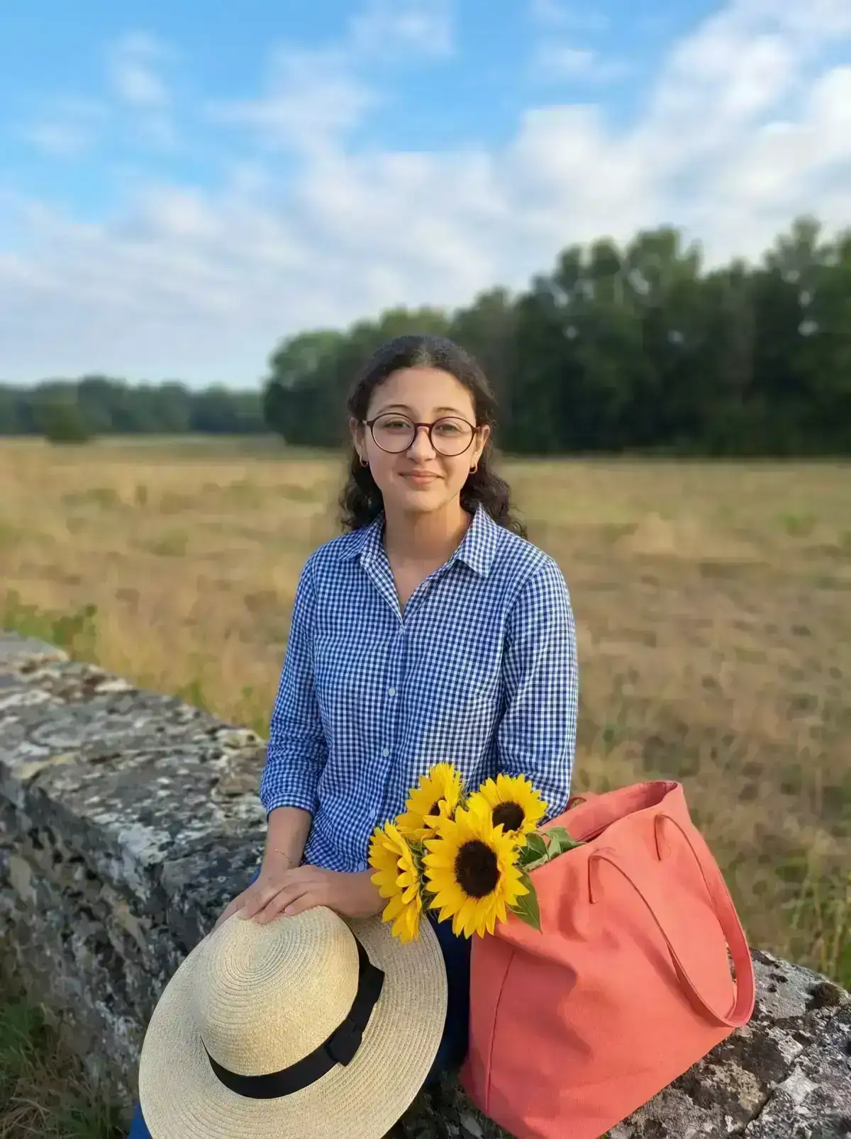 realistic portrait scene set in an open countryside meadow.