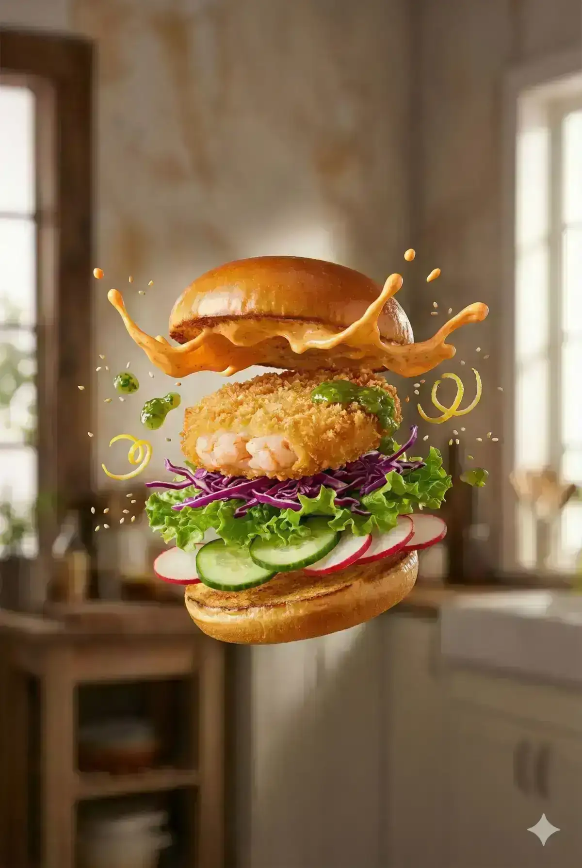 hyperrealistic food product photograph of a shrimp burger captured in mid-air mid-build, with a golden crispy fried