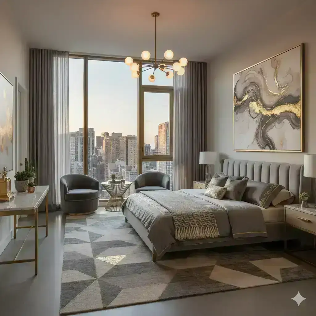 Bedroom with large windows and modern furniture, gray and gold
