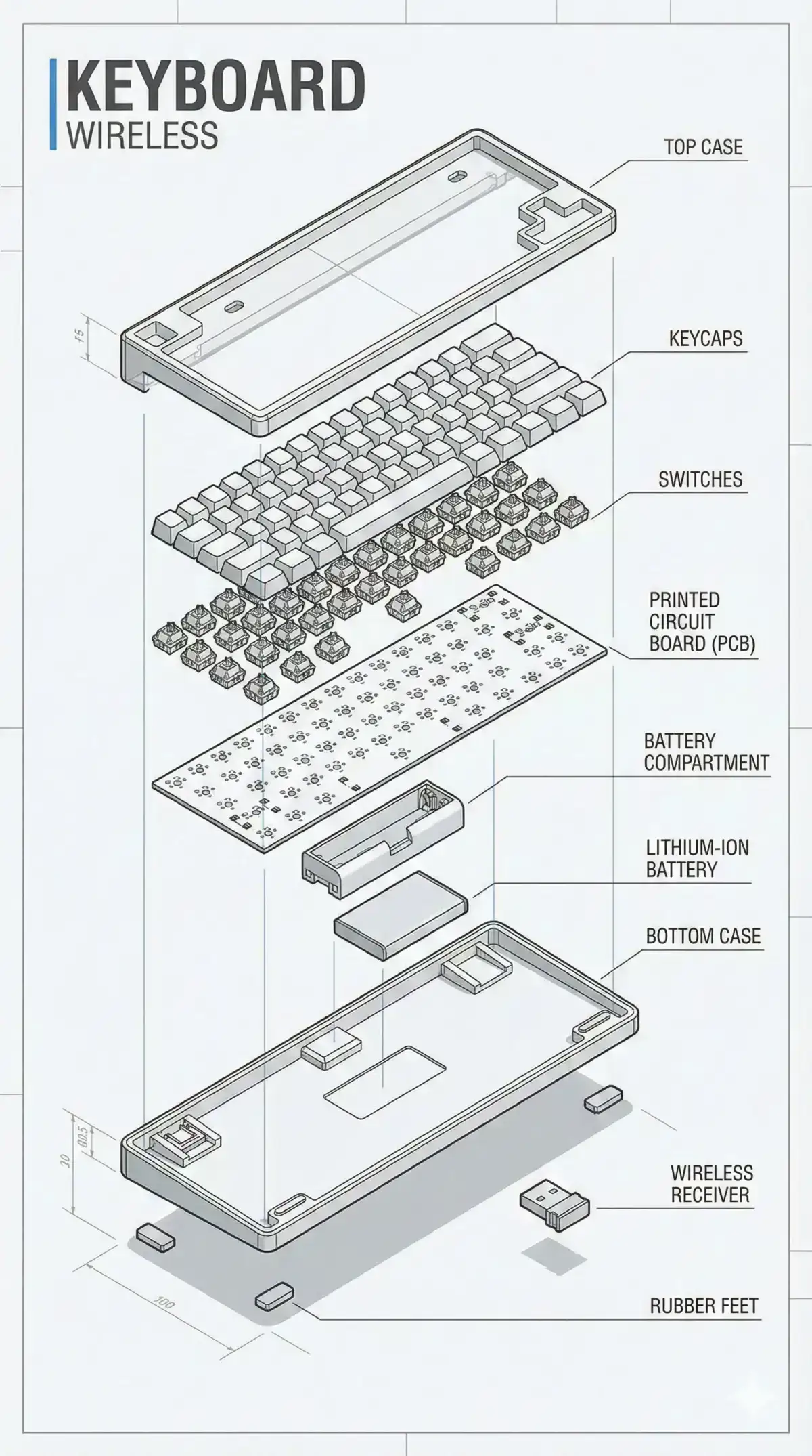 technical exploded view diagram of a Keyboard wireless in 1080x1920 dimension.