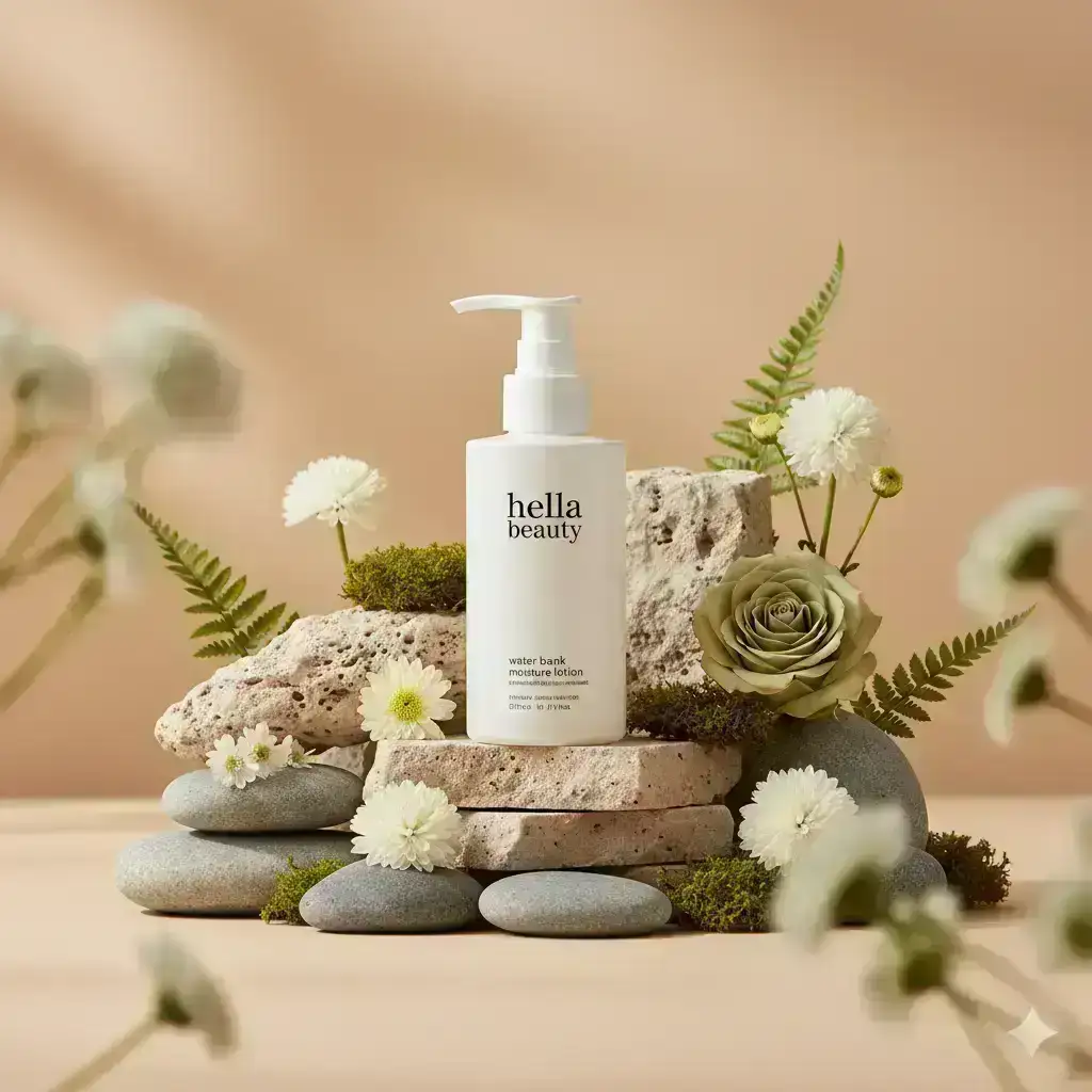 commercial skincare product photography featuring a matte white plastic pump bottle centered and upright