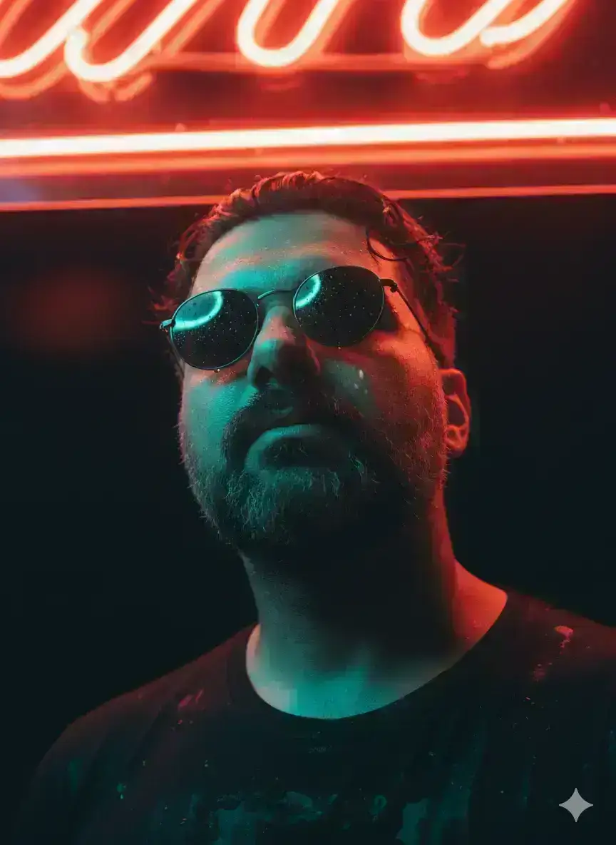 Moody Neon Portrait With Water Droplets