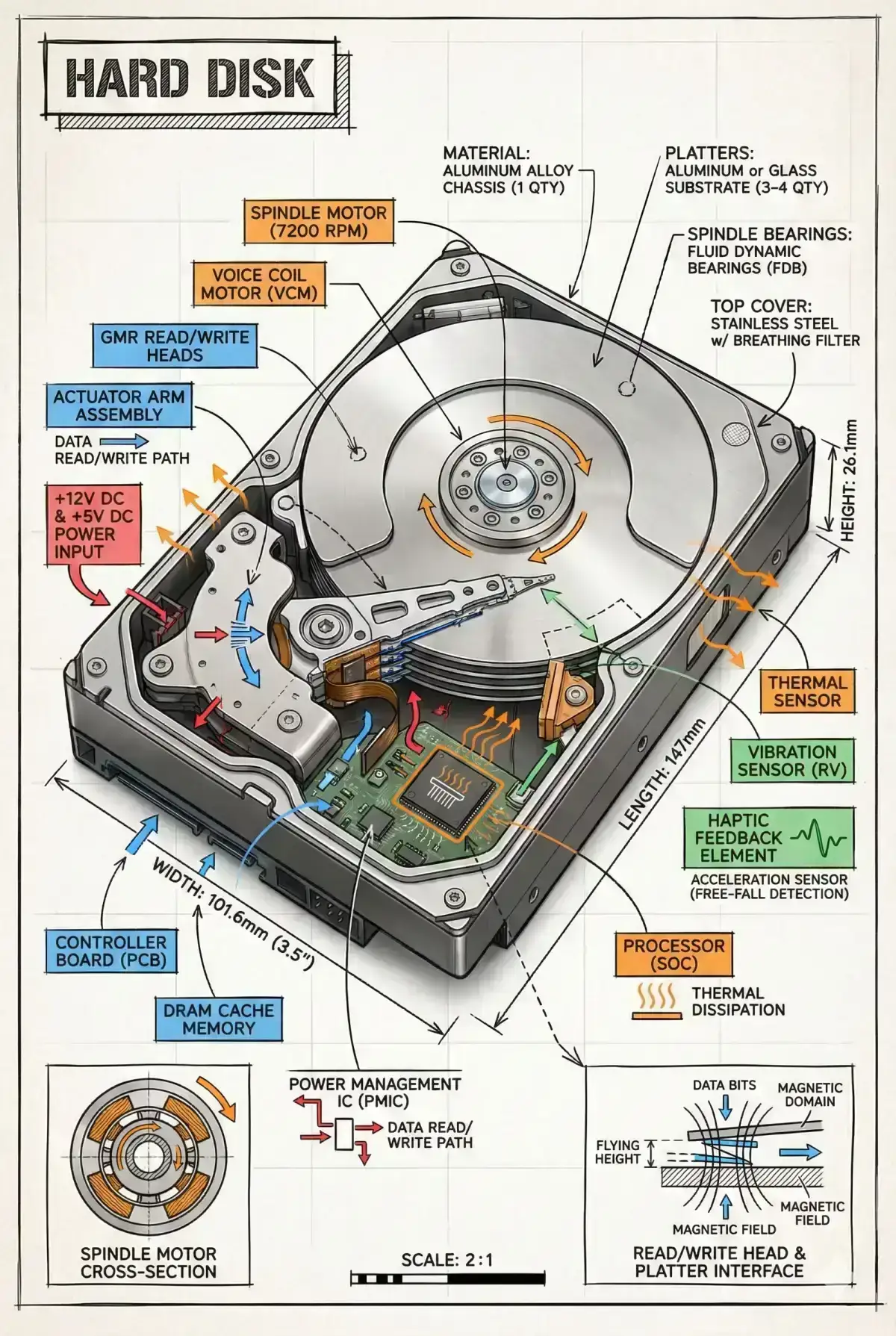 technical infographic of [HARD DISk] with a 45-degree isometric 3D perspective showing the device slightly tilted to reveal depth and dimension