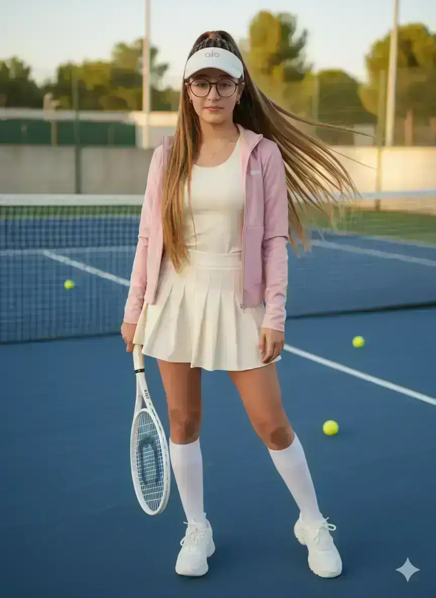 stylish athletic woman on a tennis court, modern sporty fashion editorial, effortless elegance and confidence